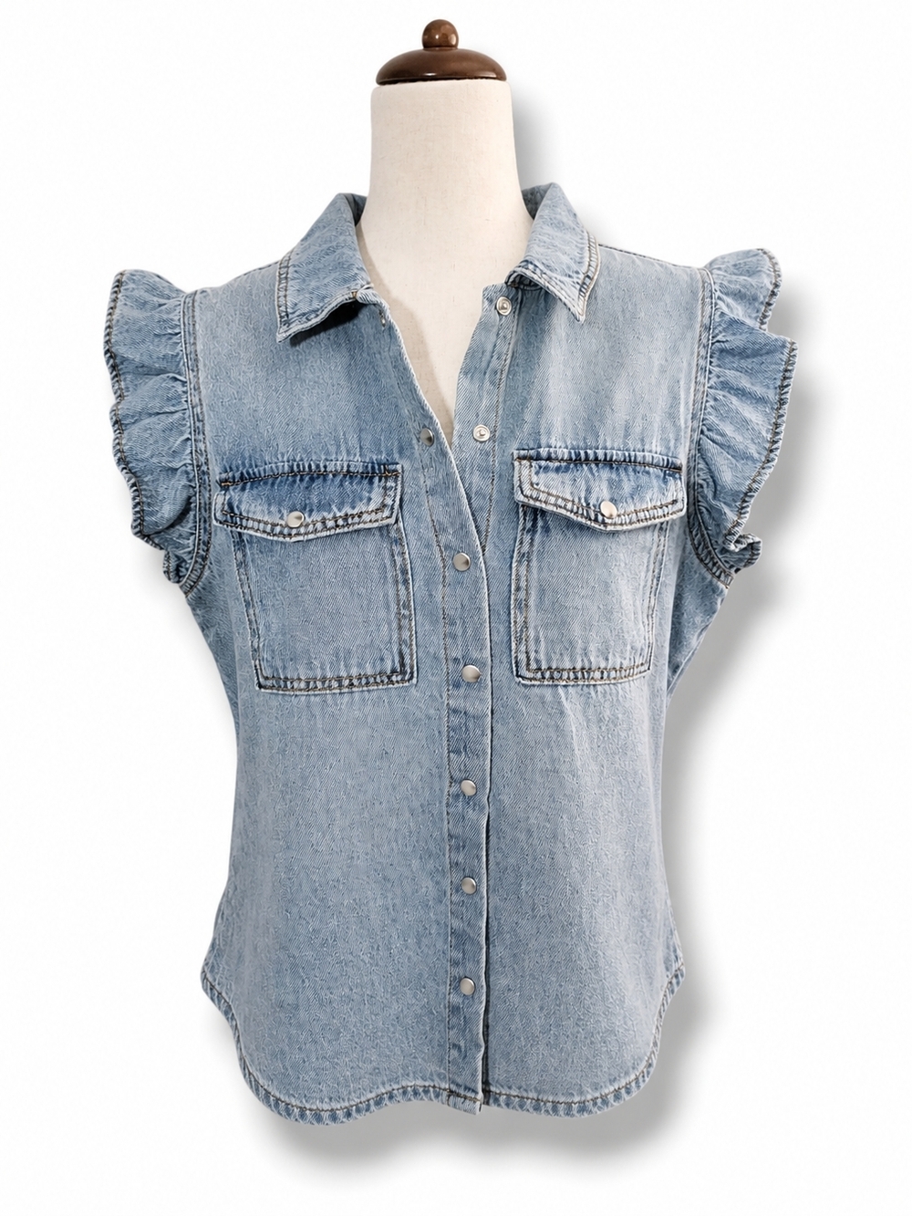 Sleeveless Light Wash Denim Button-Front Shirt with Ruffle Sleeves Frye - Picture 3 of 3